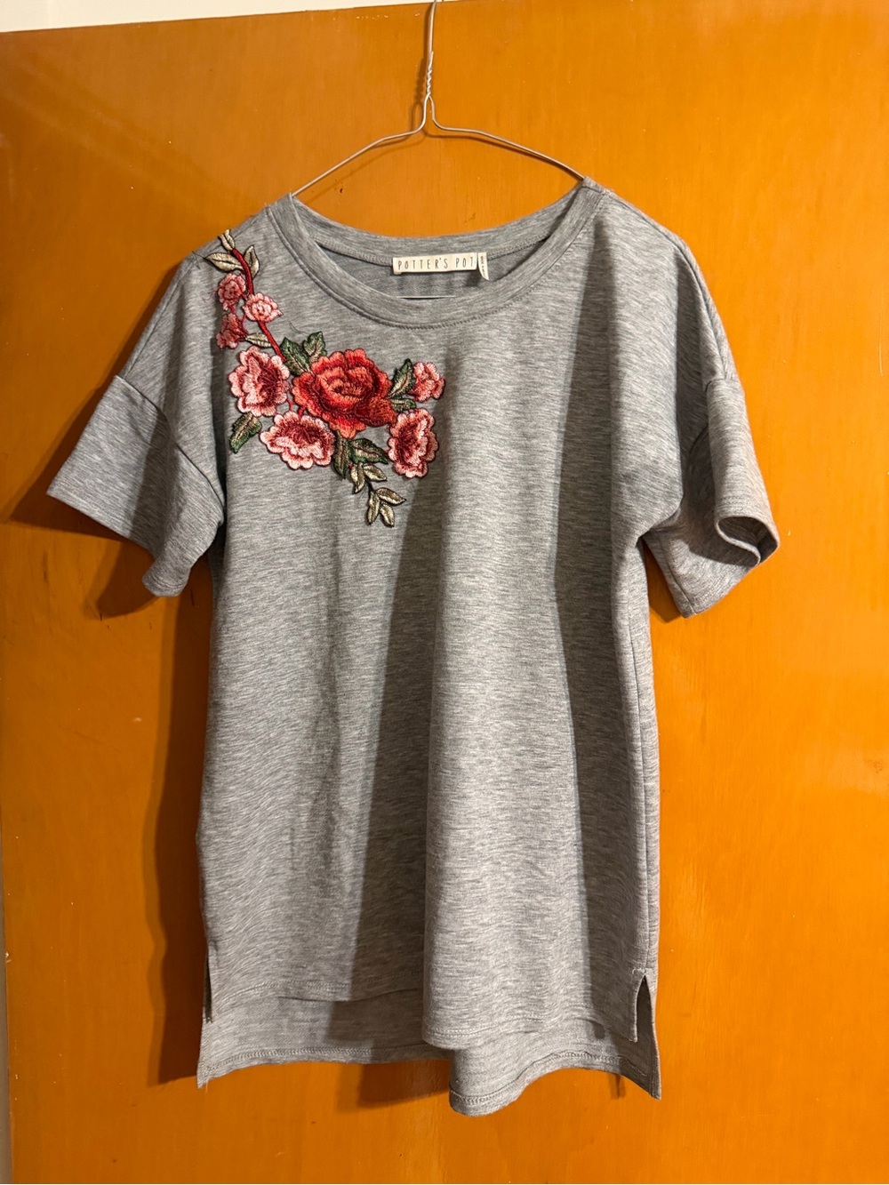 Potter's Pot Heather Gray Crewneck Tee with Tag Detail